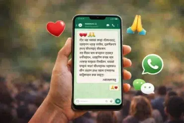 A hand holds a smartphone displaying a Hindi message with heart and prayer emojis. Background: blurred crowd and nature. Tone: Informative and reflective.