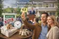 Couple at a successful property auction, smiling and holding bid number 63. Nearby, cash, a clock, and auctioneer convey urgency and success.