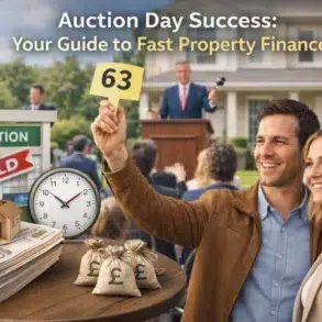 Couple at a successful property auction, smiling and holding bid number 63. Nearby, cash, a clock, and auctioneer convey urgency and success.