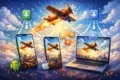 A vibrant image depicts a vintage plane soaring through a bright sky above city skyscrapers. Below, two smartphones and a laptop display the same scene, symbolizing cross-platform compatibility. Icons and download arrows highlight connection.