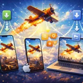 A vibrant image depicts a vintage plane soaring through a bright sky above city skyscrapers. Below, two smartphones and a laptop display the same scene, symbolizing cross-platform compatibility. Icons and download arrows highlight connection.