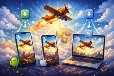 A vibrant image depicts a vintage plane soaring through a bright sky above city skyscrapers. Below, two smartphones and a laptop display the same scene, symbolizing cross-platform compatibility. Icons and download arrows highlight connection.