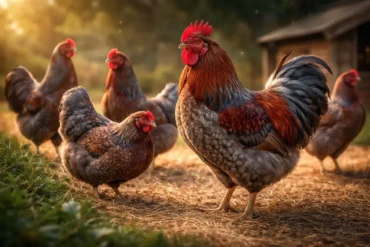 Blue Laced Red Wyandotte hen with blue laced red feathers in backyard coop