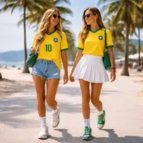 Camiseta De Brasil paired with white sneakers and straight-leg jeans for a clean streetwear outfit