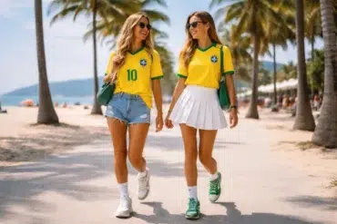 Camiseta De Brasil paired with white sneakers and straight-leg jeans for a clean streetwear outfit