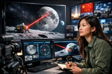 China Moon Laser Targeting visualization showing Earth based laser ranging to a lunar retroreflector for high precision tracking and navigation