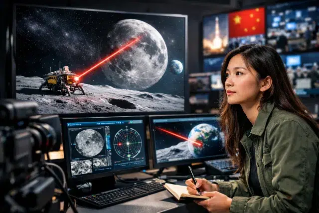 China Moon Laser Targeting visualization showing Earth based laser ranging to a lunar retroreflector for high precision tracking and navigation