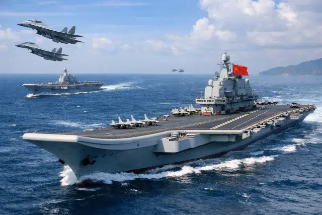 China's Growing Aircraft Carrier Fleet with Fujian, Liaoning, and Shandong at sea during training operations