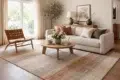 Chris Loves Julia Rugs styled in a modern living room with neutral furniture and layered décor