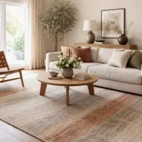 Chris Loves Julia Rugs styled in a modern living room with neutral furniture and layered décor