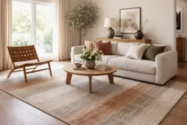 Chris Loves Julia Rugs styled in a modern living room with neutral furniture and layered décor