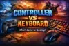 "Controller vs Keyboard: What's Better for Gaming?" with dramatic lighting. A game controller, keyboard, and mouse are featured against a gaming battle backdrop.