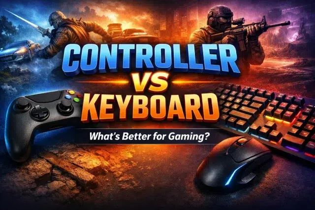 "Controller vs Keyboard: What's Better for Gaming?" with dramatic lighting. A game controller, keyboard, and mouse are featured against a gaming battle backdrop.