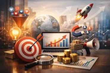 Core Concepts of Marketing roadmap showing STP, value proposition, marketing mix, customer journey, branding, and key metrics