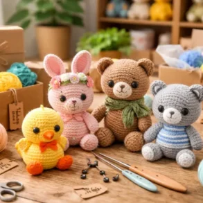 Handmade Crochet Stuffed Animals displayed as gift-ready plush toys on a wooden table