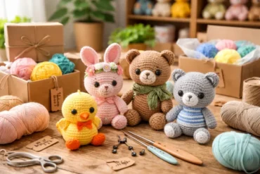 Handmade Crochet Stuffed Animals displayed as gift-ready plush toys on a wooden table