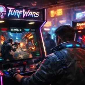Cyberpunk 2077 Turf Wars Arcade Game cabinet with two player shooter gameplay in a neon Night City setting