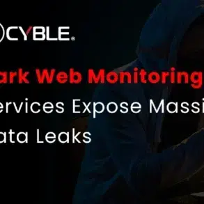 Dark-themed image with text about "Dark Web Monitoring Services Expose Massive Data Leaks." A hooded figure uses a smartphone and laptop.