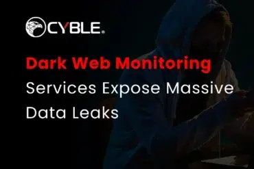 Dark-themed image with text about "Dark Web Monitoring Services Expose Massive Data Leaks." A hooded figure uses a smartphone and laptop.
