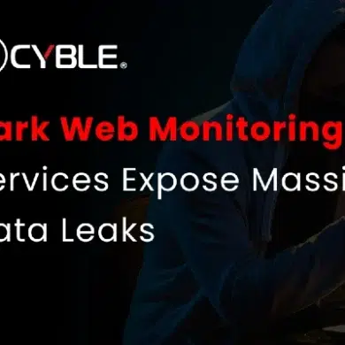Dark-themed image with text about "Dark Web Monitoring Services Expose Massive Data Leaks." A hooded figure uses a smartphone and laptop.