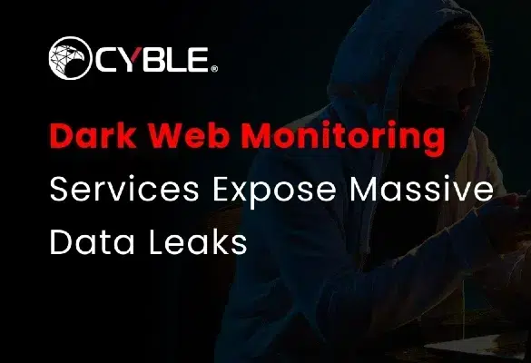 Dark-themed image with text about "Dark Web Monitoring Services Expose Massive Data Leaks." A hooded figure uses a smartphone and laptop.