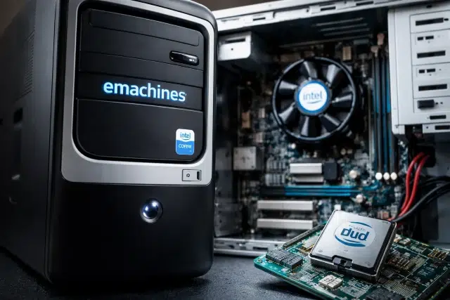 Emachines Intel 946gz motherboard with DDR2 RAM slots, LGA775 CPU socket, and PCIe x16 upgrade options