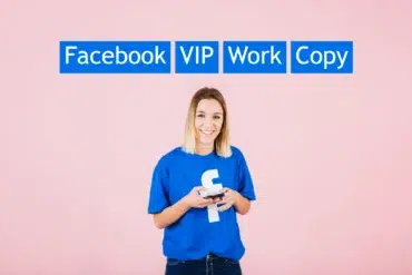 A person writes on a notepad in front of a laptop displaying a Facebook page titled "Facebook VIP Work Copy." The page has a crown logo and shows sections for copywriting tips. Bright icons of megaphones and thumbs-up hover nearby, suggesting engagement. Warm, focused atmosphere.