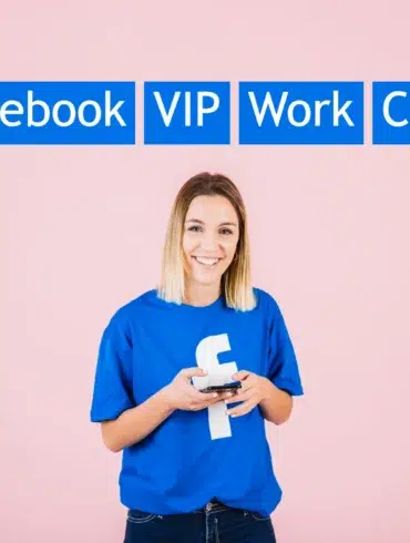 A smiling person in a blue Facebook T-shirt holds a phone against a pink background. Above, blue boxes display the words: Facebook, VIP, Work, Copy.