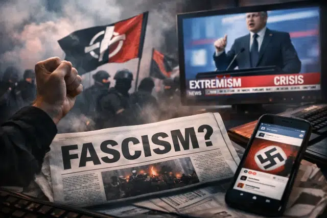 Fascisterne in modern media shown across headlines, social posts, and memes