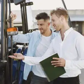 Two men stand beside a blue tractor. One holds a key while the other points at it, smiling, with a green notebook in hand, suggesting a transaction or lesson.