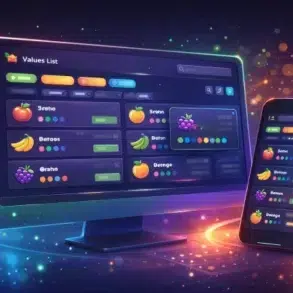 A colorful digital interface displays a "Values List" on both a computer monitor and smartphone. Vibrant fruit icons and bars create a lively, dynamic feel.