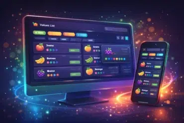 A colorful digital interface displays a "Values List" on both a computer monitor and smartphone. Vibrant fruit icons and bars create a lively, dynamic feel.