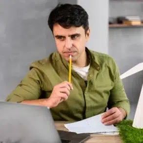 Man in green shirt at desk, holding pencil thoughtfully, looking at laptop. Paper wind turbine model on grass mat nearby. Focused and contemplative mood.