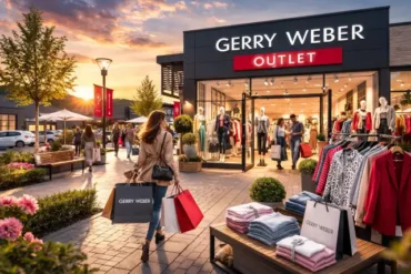 Gerry Weber Outlet Halle store entrance at Ravenna-Park with opening hours and discount fashion racks.