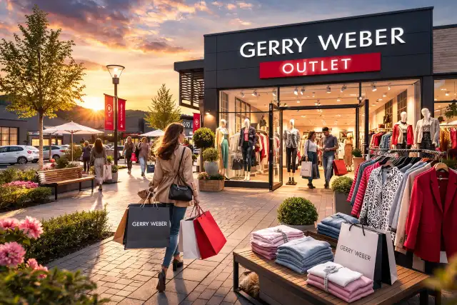 Gerry Weber Outlet Halle store entrance at Ravenna-Park with opening hours and discount fashion racks.