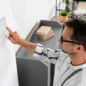 Man in glasses touches a wall-mounted smart device, in a modern, minimalist room with shelves and a rug, conveying focus and modern technology.