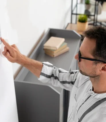Man in glasses touches a wall-mounted smart device, in a modern, minimalist room with shelves and a rug, conveying focus and modern technology.