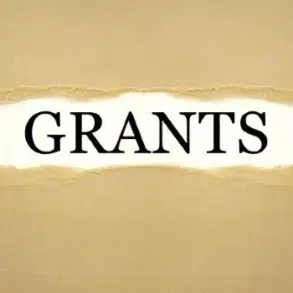 The word 'Grants' is revealed by peeling back a layer of beige paper, symbolizing discovery and opportunity. The background is a smooth, muted gold.