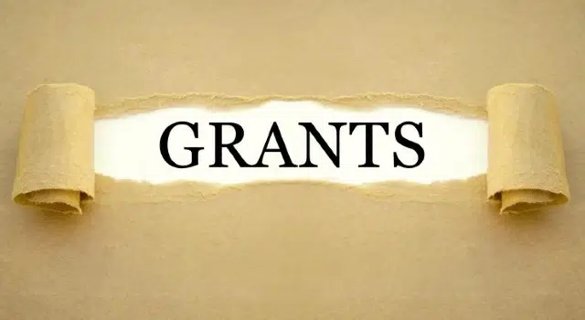 The word 'Grants' is revealed by peeling back a layer of beige paper, symbolizing discovery and opportunity. The background is a smooth, muted gold.