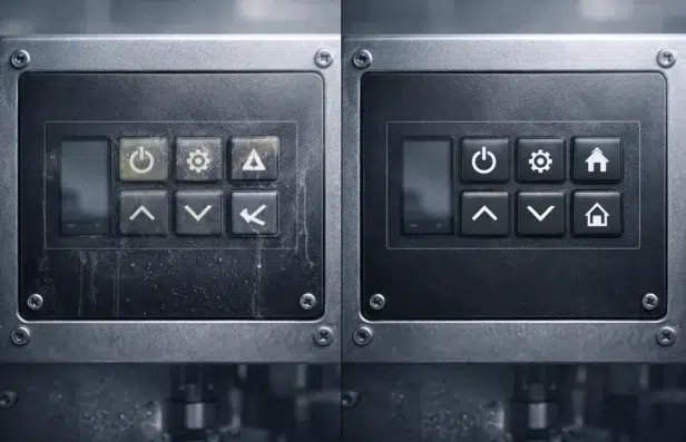 Two side-by-side images show a control panel. The left panel is dusty and worn, while the right panel is clean and modern, suggesting improvement.