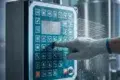 A person wearing a glove is pressing a button on a wet industrial control panel, featuring numerous icons and water droplets, suggesting a protective environment.