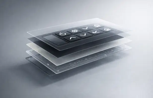 Floating layers of transparent glass showcase black control buttons with icons like power, gear, arrows, and home, conveying a futuristic tech feel.