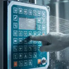 A person wearing a glove is pressing a button on a wet industrial control panel, featuring numerous icons and water droplets, suggesting a protective environment.
