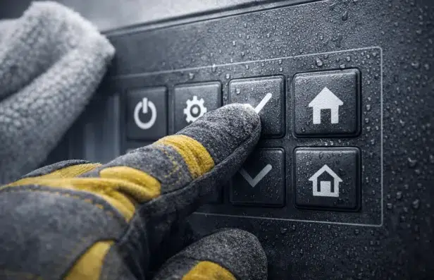 Gloved hand pressing a wet control panel button, surrounded by symbols like power, gear, check, and home. Scene conveys precision and functionality.