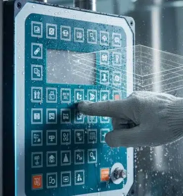 A person wearing a glove is pressing a button on a wet industrial control panel, featuring numerous icons and water droplets, suggesting a protective environment.