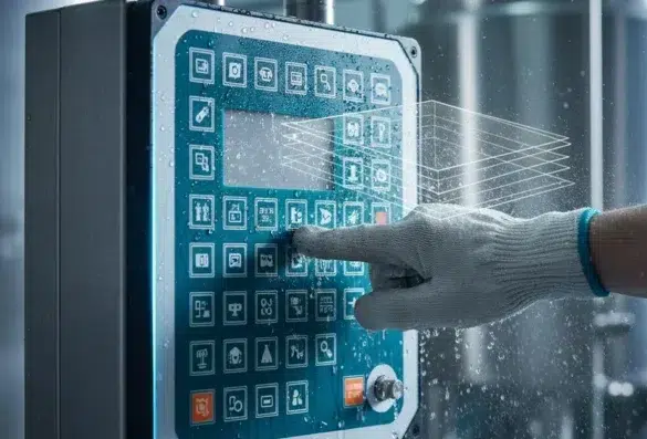 A person wearing a glove is pressing a button on a wet industrial control panel, featuring numerous icons and water droplets, suggesting a protective environment.