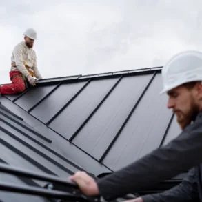 Two construction workers on a metal roof, wearing white hard hats and work attire. One focuses on installing roofing material; the other secures a ladder, under a cloudy sky.