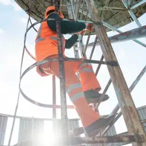 Worker in orange safety gear climbs a rusted metal ladder on an industrial structure. Sunlight streams through, contrasting with the blue sky, conveying determination.