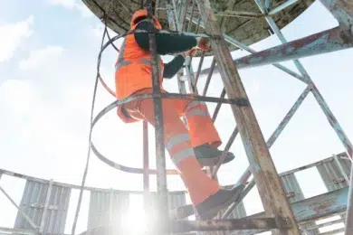 Worker in orange safety gear climbs a rusted metal ladder on an industrial structure. Sunlight streams through, contrasting with the blue sky, conveying determination.