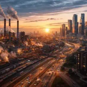 A vibrant sunset over a bustling industrial cityscape. Smokestacks release smoke near modern skyscrapers, with busy highways leading into the distance.